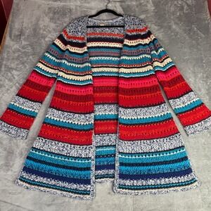 Lucky Brand Cardigan Women XL Multi Color Crochet Stripe Boho Longline Open Knit
